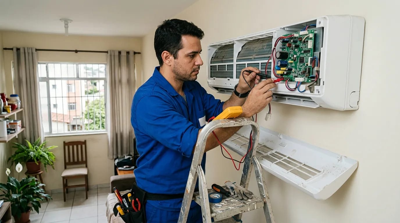 Eletricista ligando a placa do ar-condicionado split em Brasília‑DF